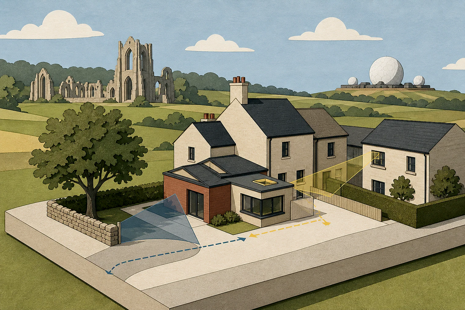 Cut-paper planning illustration for North Yorkshire, showing extensions, neighbours, access and open land near simplified local landmarks.
