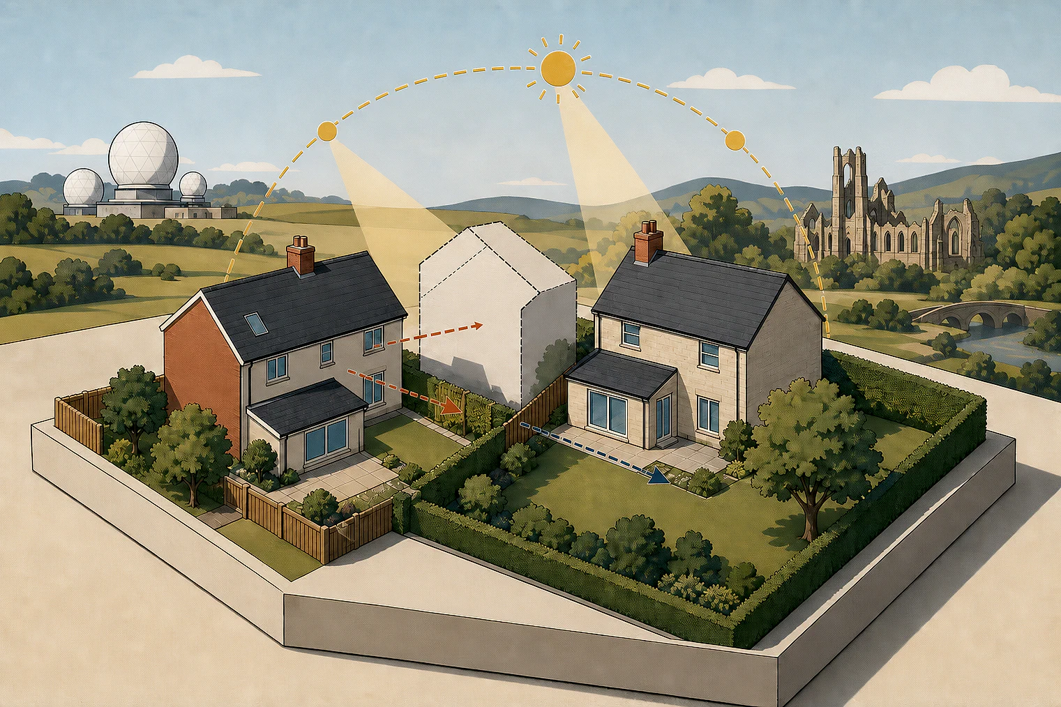 Cut-paper illustration of an imaginary privacy, daylight and neighbour living conditions planning issue in North Yorkshire, with simplified local landmarks.