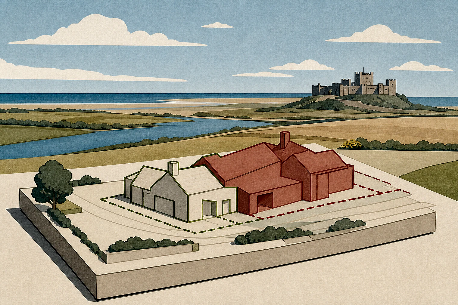 Cut-paper illustration of an imaginary building scale and Green Belt openness planning issue in Northumberland, with simplified local landmarks.