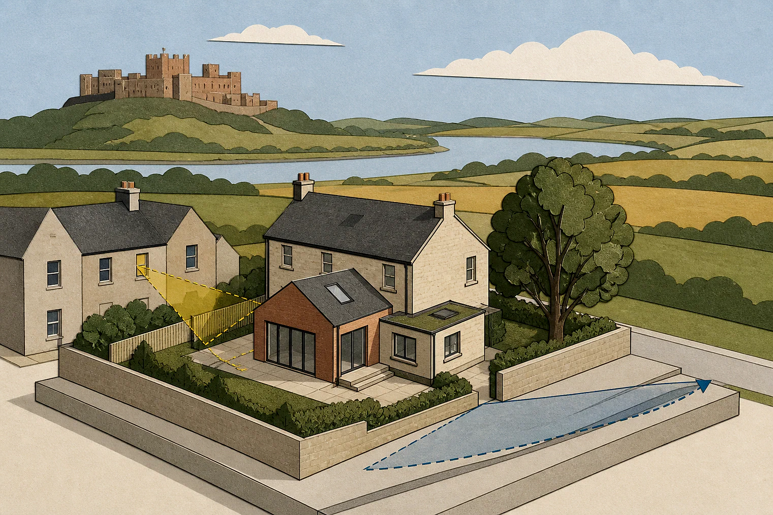 Cut-paper planning illustration for Northumberland, showing extensions, neighbours, access and open land near simplified local landmarks.