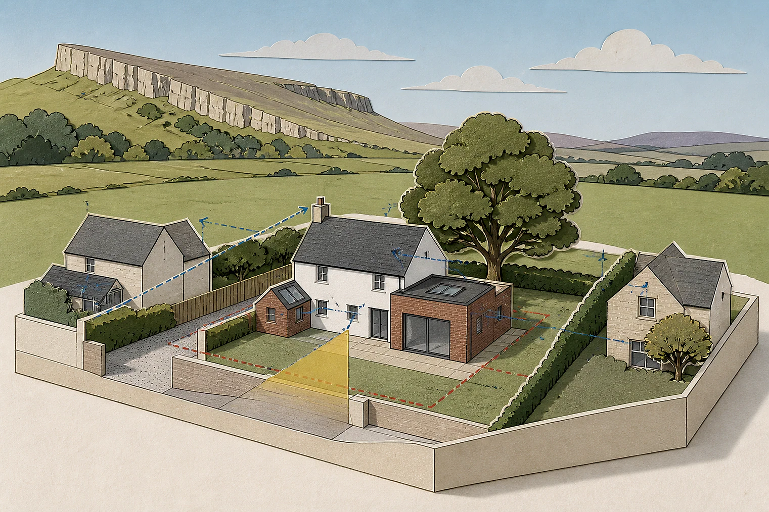 Cut-paper planning illustration for Northumberland, showing extensions, neighbours, access and open land near simplified local landmarks.