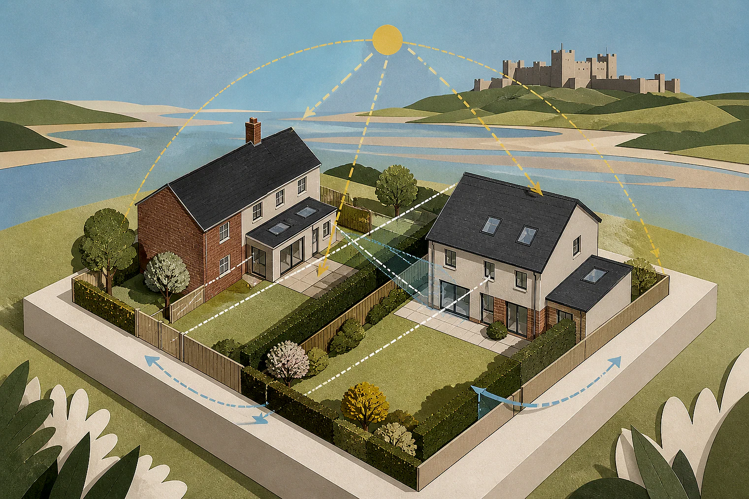 Cut-paper illustration of an imaginary privacy, daylight and neighbour living conditions planning issue in Northumberland, with simplified local landmarks.