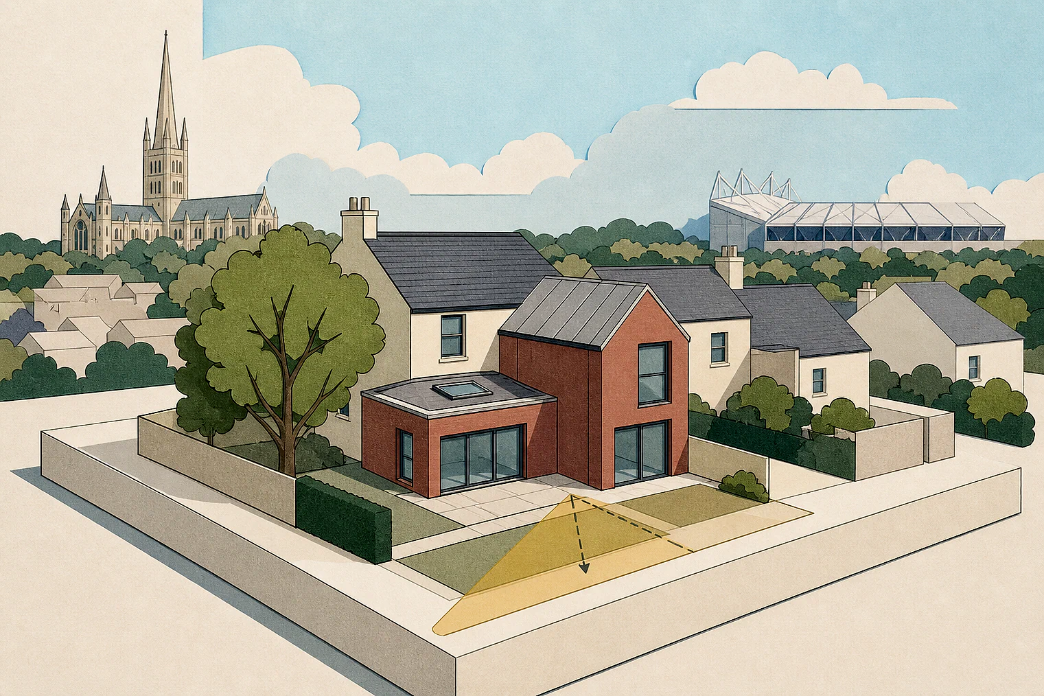 Cut-paper planning illustration for Norwich, showing extensions, neighbours, access and open land near simplified local landmarks.
