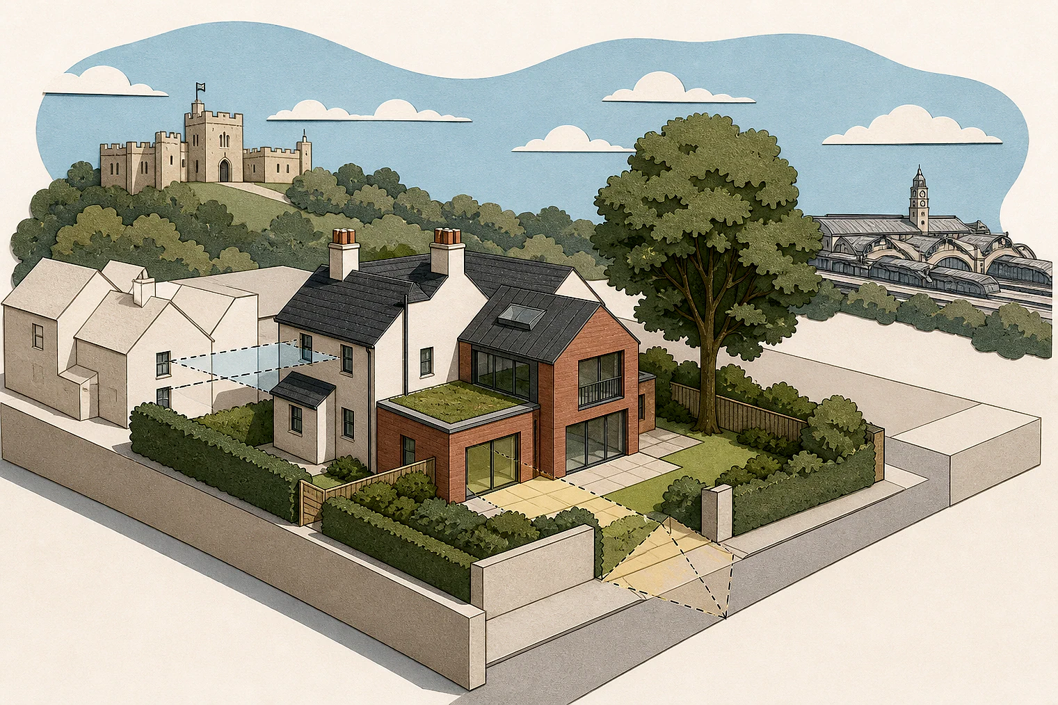 Cut-paper planning illustration for Nottingham, showing extensions, neighbours, access and open land near simplified local landmarks.