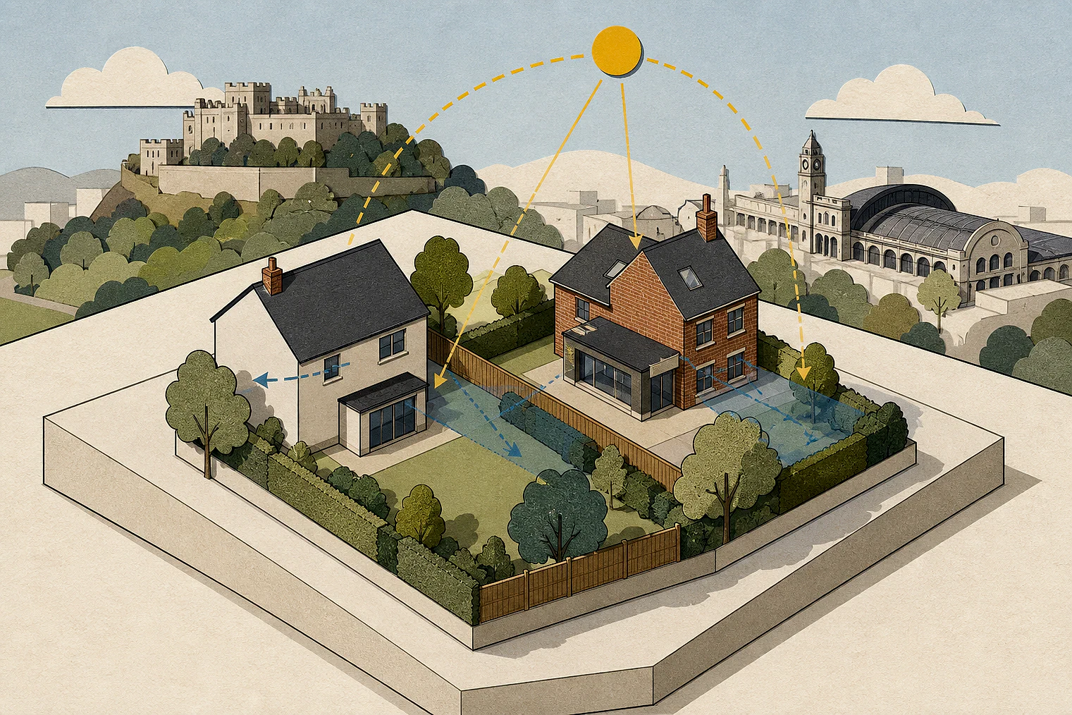 Cut-paper illustration of an imaginary privacy, daylight and neighbour living conditions planning issue in Nottingham, with simplified local landmarks.