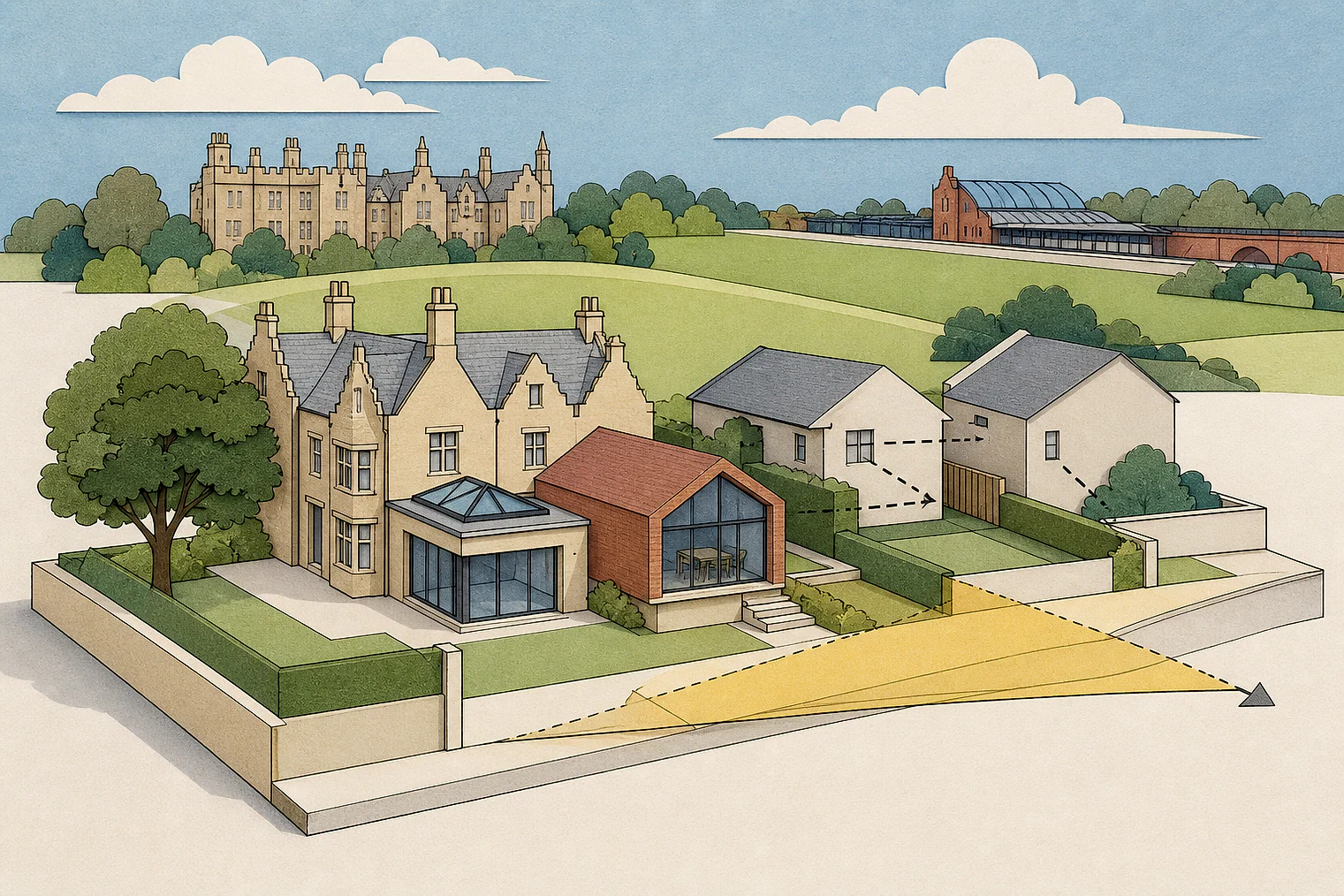 Cut-paper planning illustration for Nuneaton and Bedworth, showing extensions, neighbours, access and open land near simplified local landmarks.