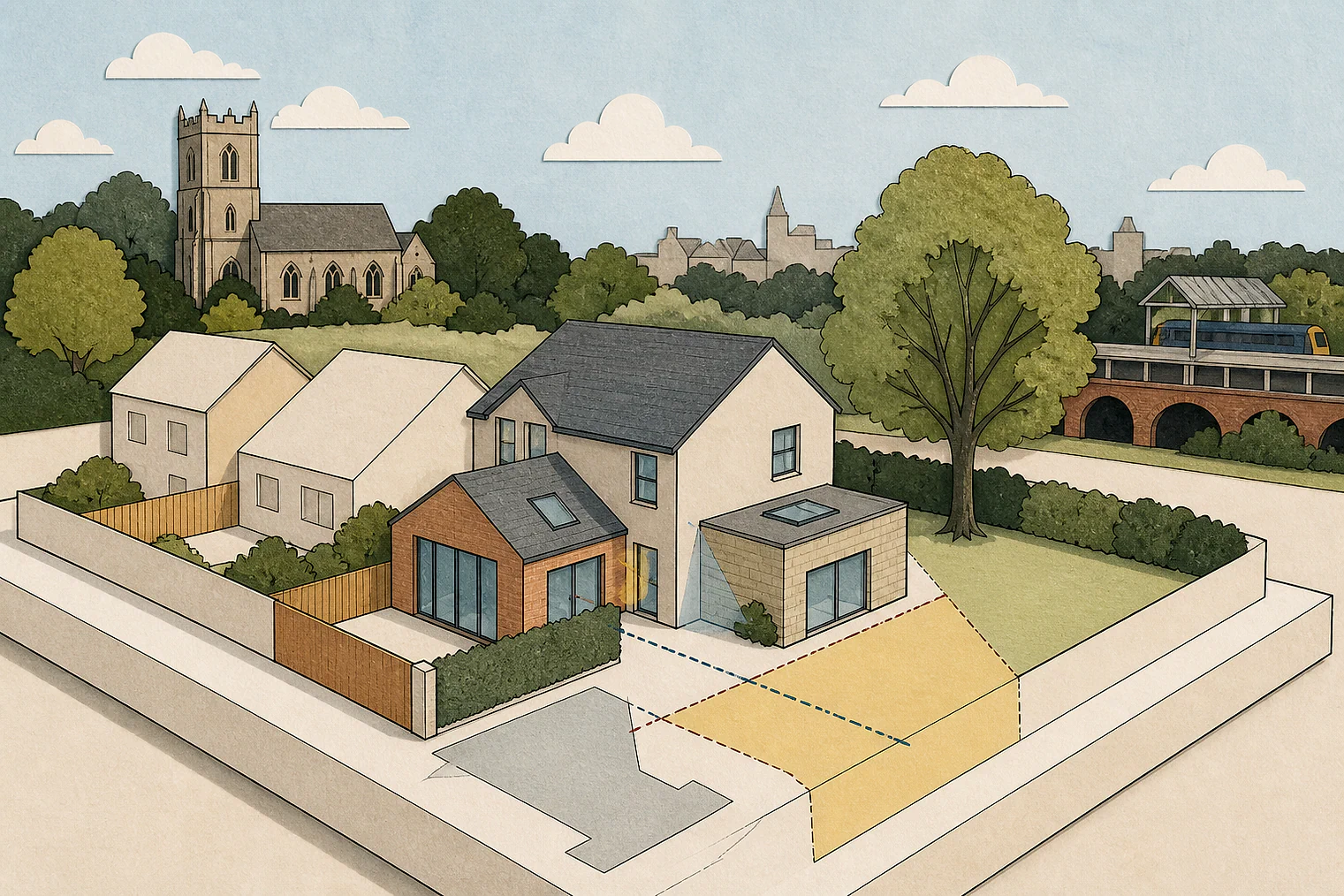 Cut-paper planning illustration for Oadby and Wigston, showing extensions, neighbours, access and open land near simplified local landmarks.