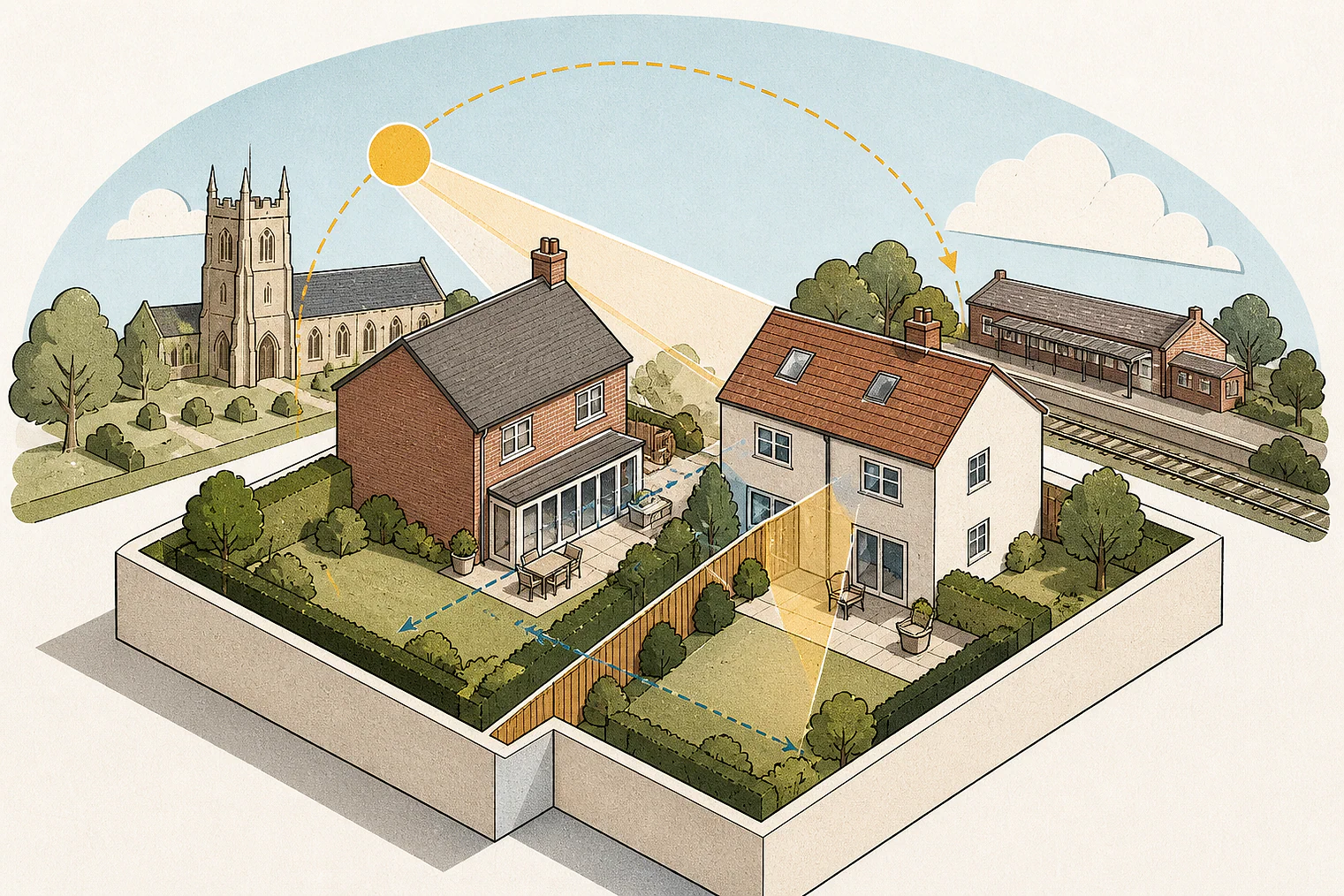 Cut-paper illustration of an imaginary privacy, daylight and neighbour living conditions planning issue in Oadby and Wigston, with simplified local landmarks.