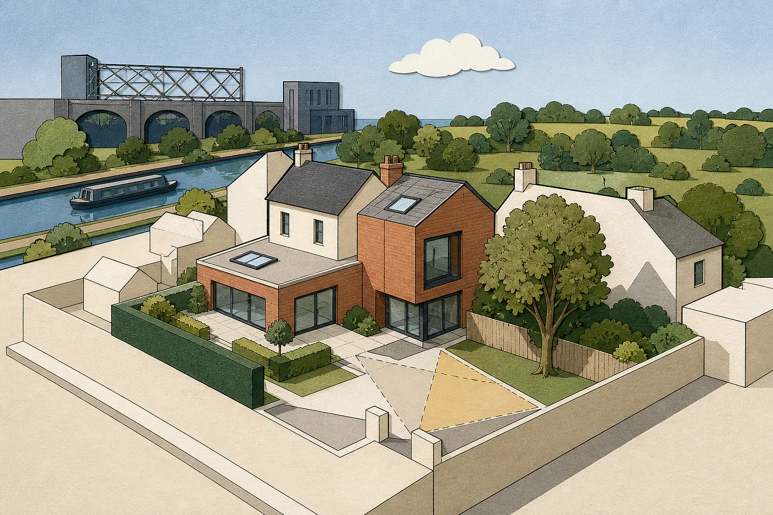 Cut-paper planning illustration for Old Oak and Park Royal, showing extensions, neighbours, access and open land near simplified local landmarks.