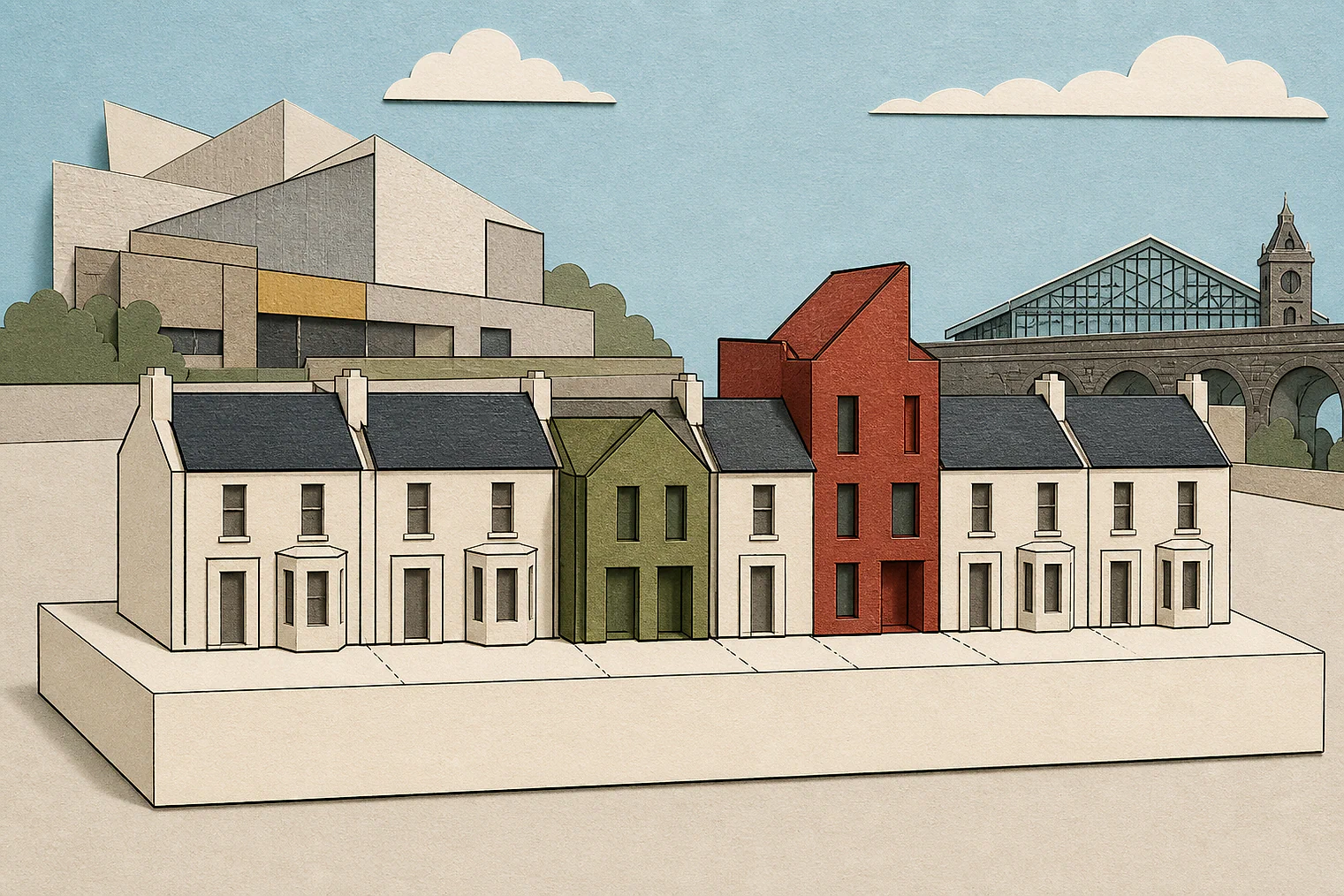 Cut-paper illustration of an imaginary character, scale and appearance planning issue in Oldham Metropolitan, with simplified local landmarks.