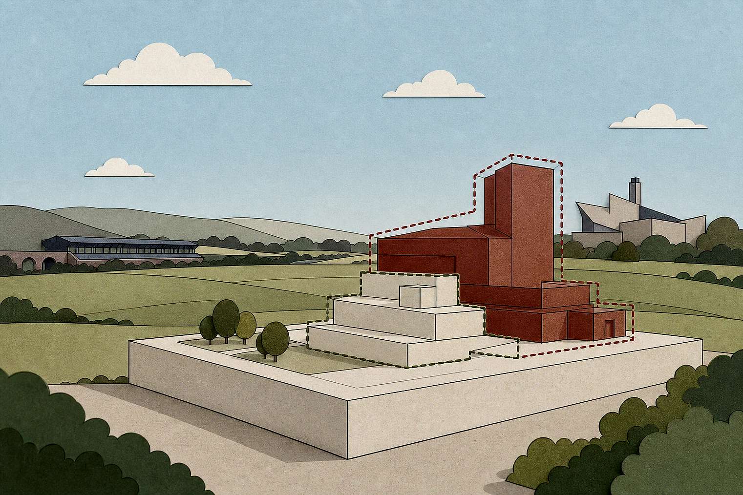 Cut-paper illustration of an imaginary building scale and Green Belt openness planning issue in Oldham Metropolitan, with simplified local landmarks.