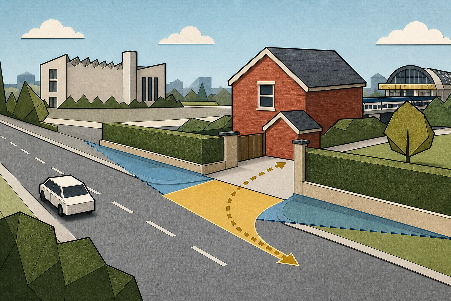Cut-paper illustration of an imaginary access, visibility and highway safety planning issue in Oldham Metropolitan, with simplified local landmarks.