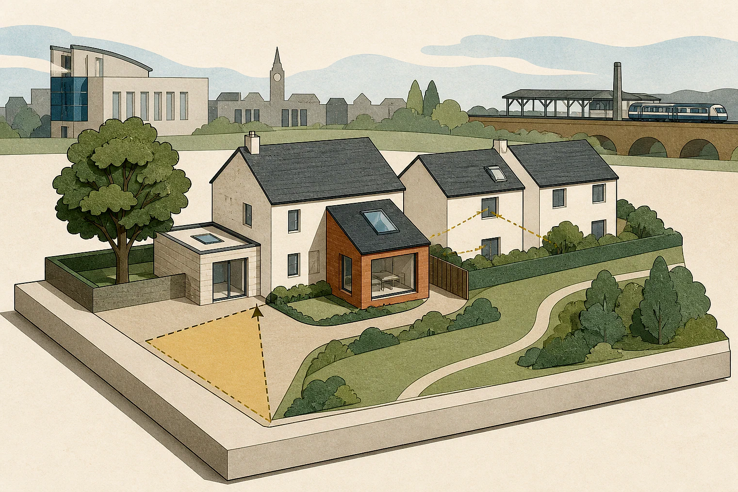 Cut-paper planning illustration for Oldham Metropolitan, showing extensions, neighbours, access and open land near simplified local landmarks.