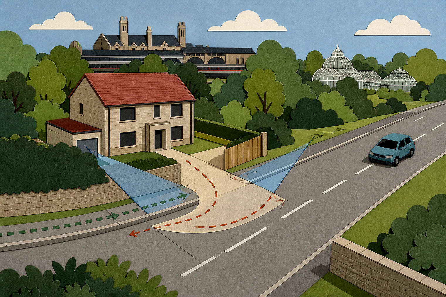 Cut-paper illustration of an imaginary access, visibility and highway safety planning issue in Oxford, with simplified local landmarks.