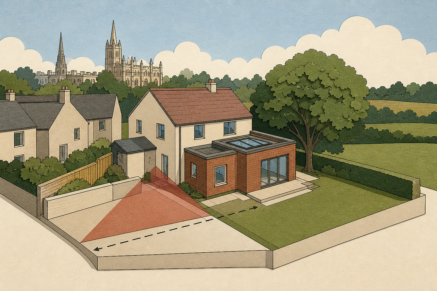 Cut-paper planning illustration for Oxford, showing extensions, neighbours, access and open land near simplified local landmarks.