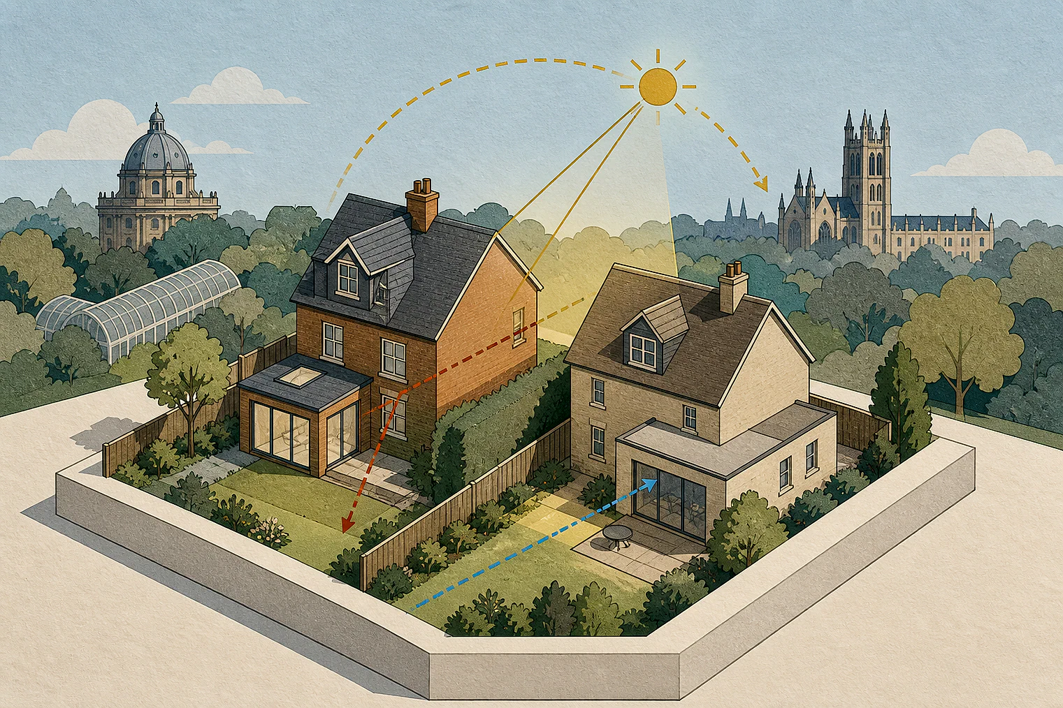 Cut-paper illustration of an imaginary privacy, daylight and neighbour living conditions planning issue in Oxford, with simplified local landmarks.