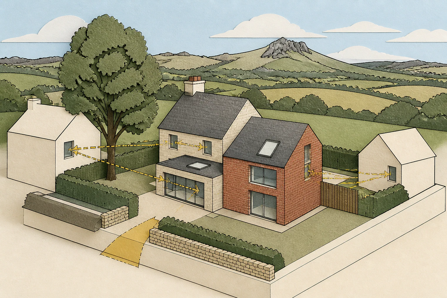 Cut-paper planning illustration for Peak, showing extensions, neighbours, access and open land near simplified local landmarks.