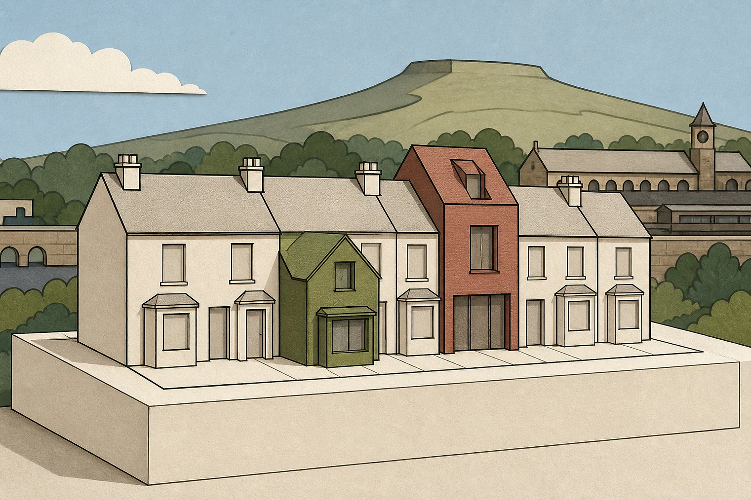 Cut-paper illustration of an imaginary character, scale and appearance planning issue in Pendle, with simplified local landmarks.
