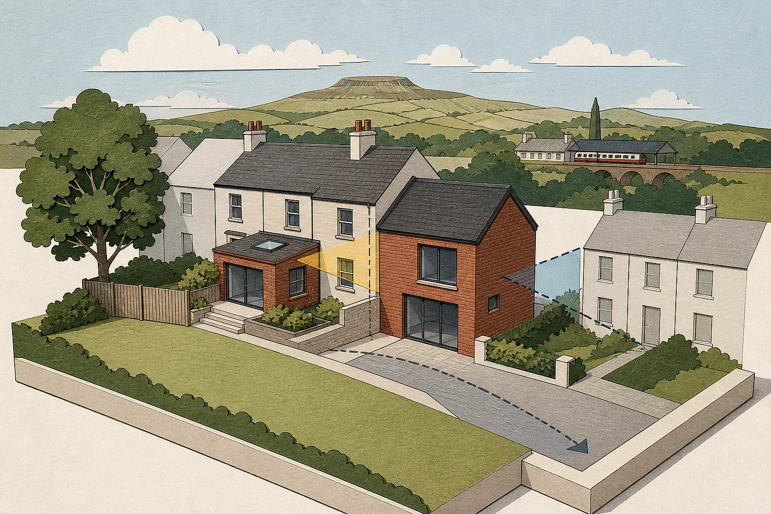 Cut-paper planning illustration for Pendle, showing extensions, neighbours, access and open land near simplified local landmarks.