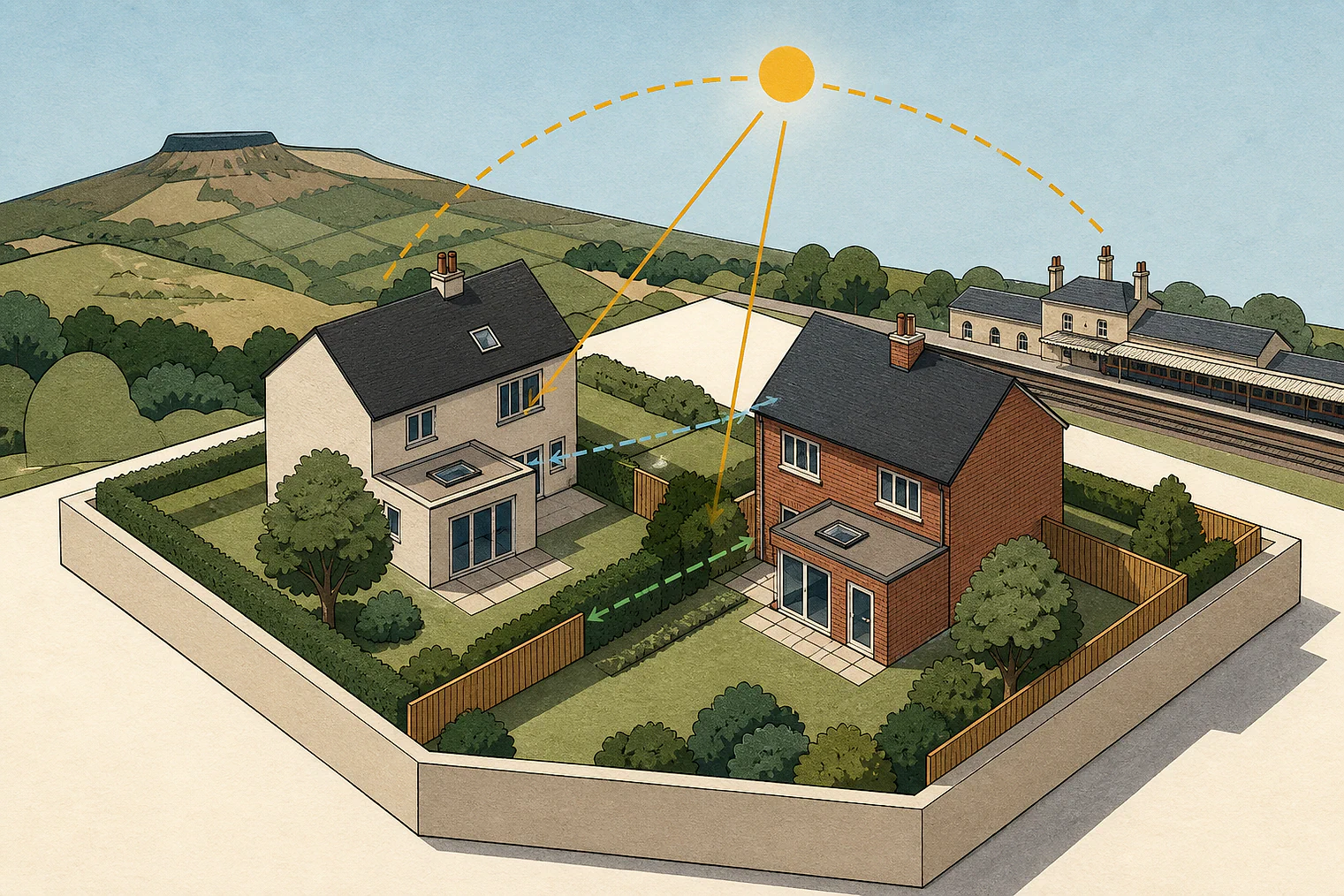Cut-paper illustration of an imaginary privacy, daylight and neighbour living conditions planning issue in Pendle, with simplified local landmarks.