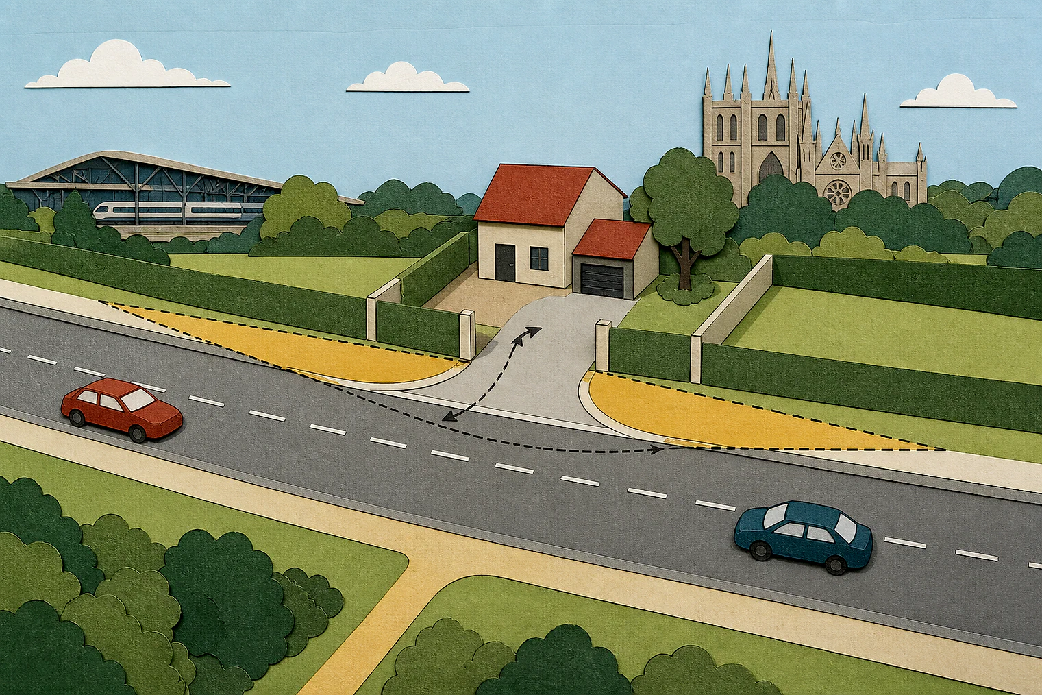 Cut-paper illustration of an imaginary access, visibility and highway safety planning issue in Peterborough, with simplified local landmarks.