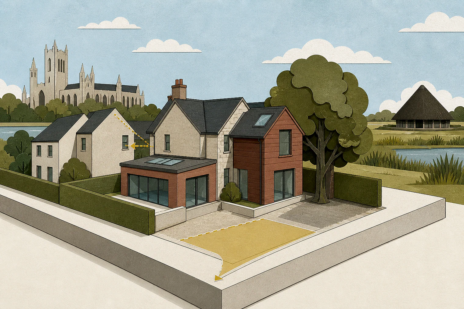 Cut-paper planning illustration for Peterborough, showing extensions, neighbours, access and open land near simplified local landmarks.