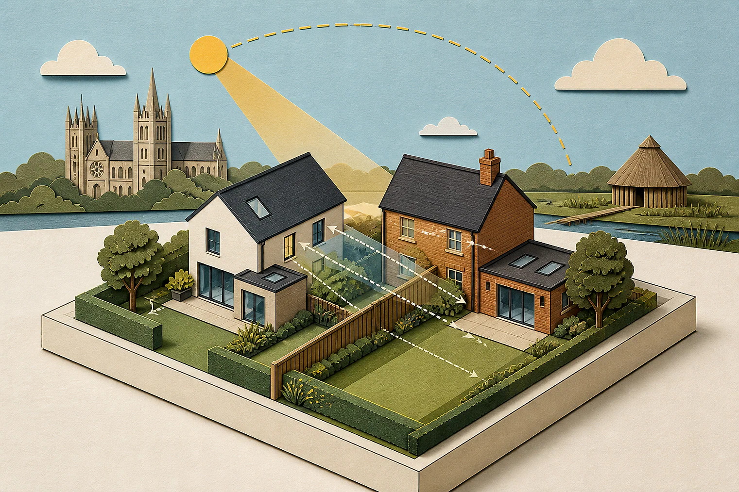 Cut-paper illustration of an imaginary privacy, daylight and neighbour living conditions planning issue in Peterborough, with simplified local landmarks.