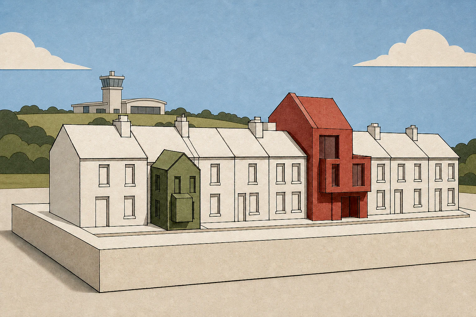Cut-paper illustration of an imaginary character, scale and appearance planning issue in Plymouth, with simplified local landmarks.