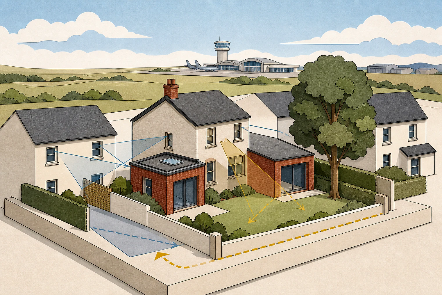 Cut-paper planning illustration for Plymouth, showing extensions, neighbours, access and open land near simplified local landmarks.