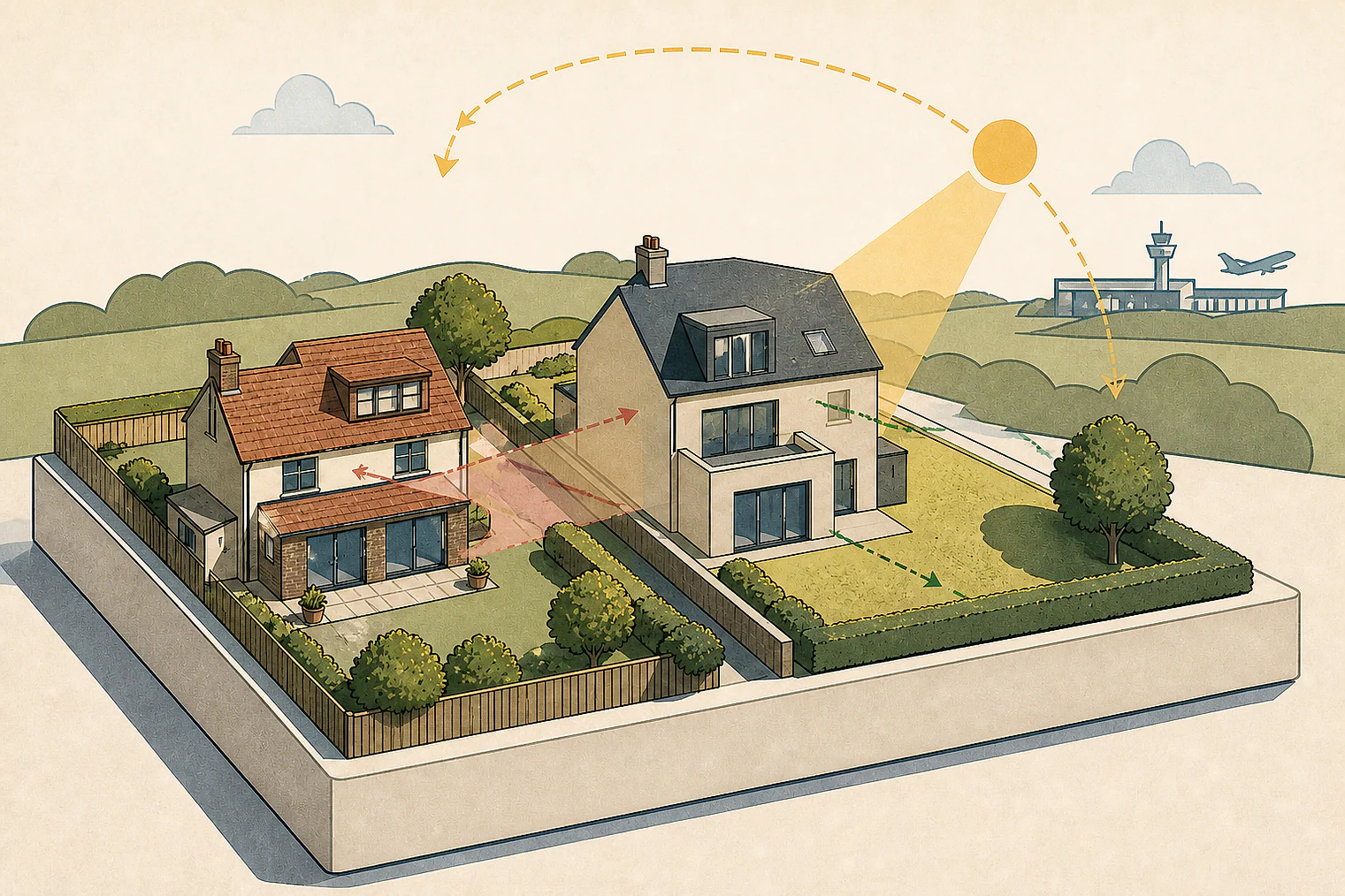 Cut-paper illustration of an imaginary privacy, daylight and neighbour living conditions planning issue in Plymouth, with simplified local landmarks.