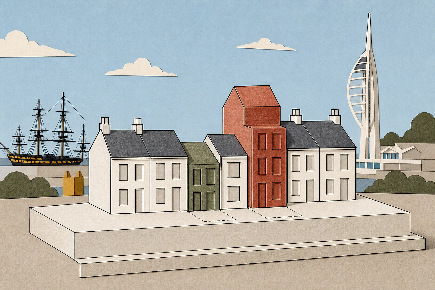 Cut-paper illustration of an imaginary character, scale and appearance planning issue in Portsmouth, with simplified local landmarks.