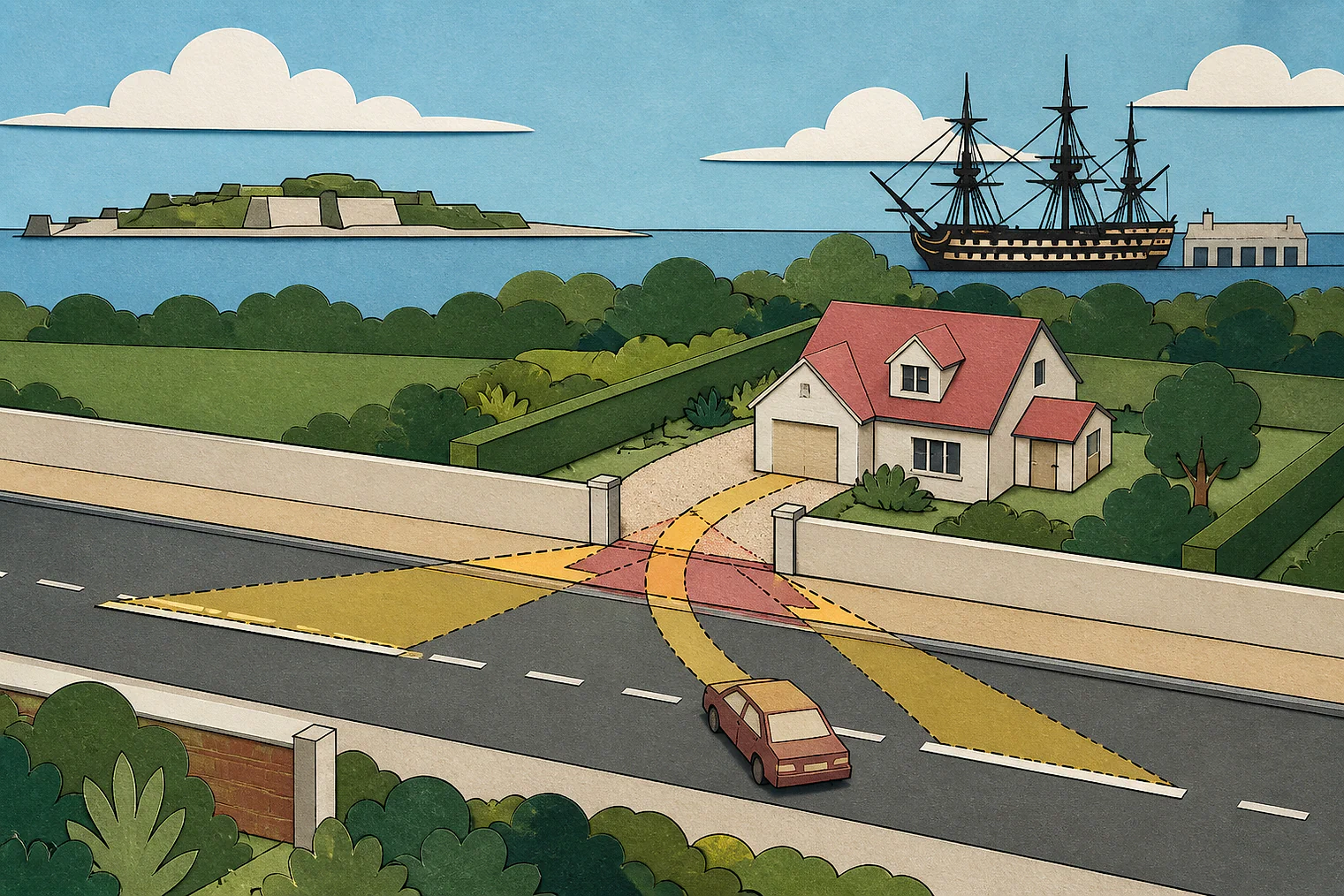 Cut-paper illustration of an imaginary access, visibility and highway safety planning issue in Portsmouth, with simplified local landmarks.