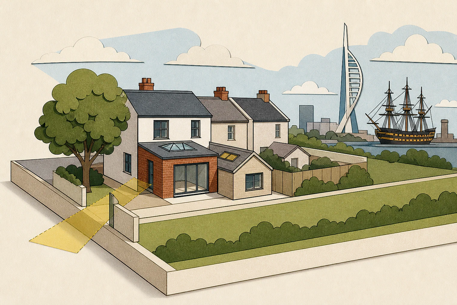 Cut-paper planning illustration for Portsmouth, showing extensions, neighbours, access and open land near simplified local landmarks.
