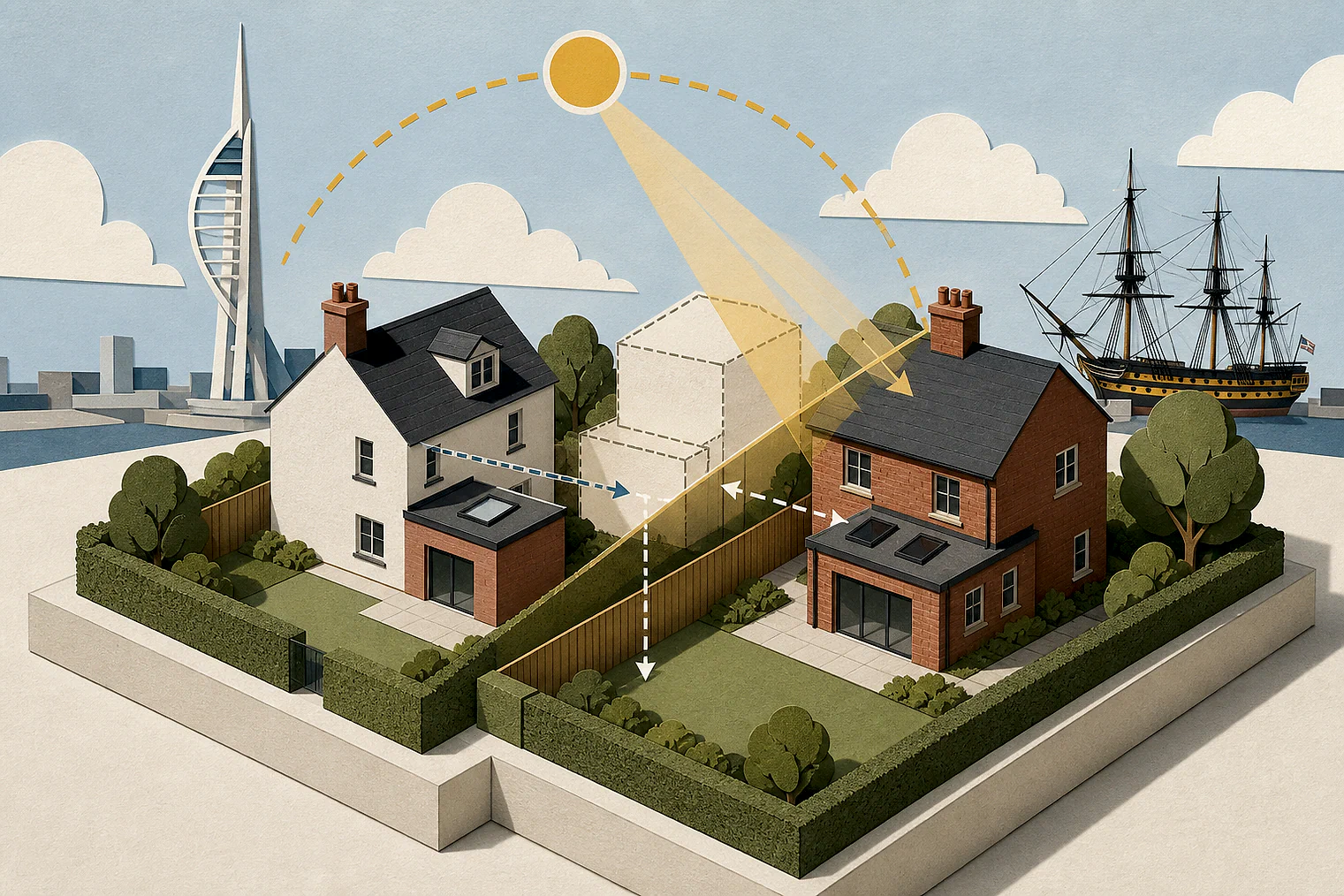 Cut-paper illustration of an imaginary privacy, daylight and neighbour living conditions planning issue in Portsmouth, with simplified local landmarks.