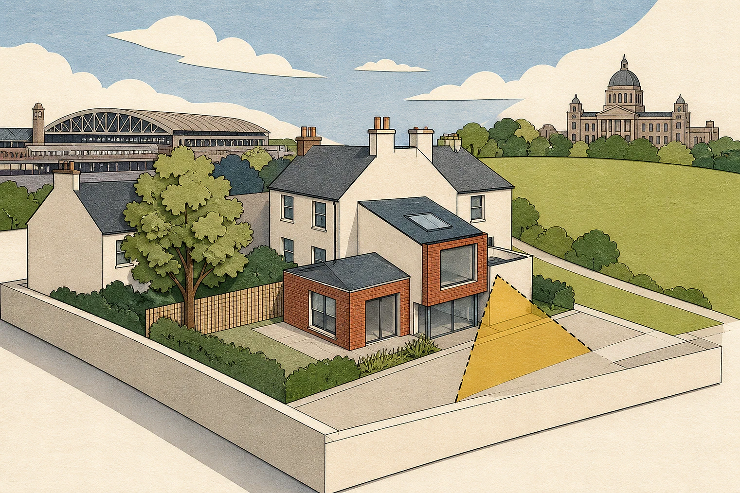 Cut-paper planning illustration for Preston, showing extensions, neighbours, access and open land near simplified local landmarks.