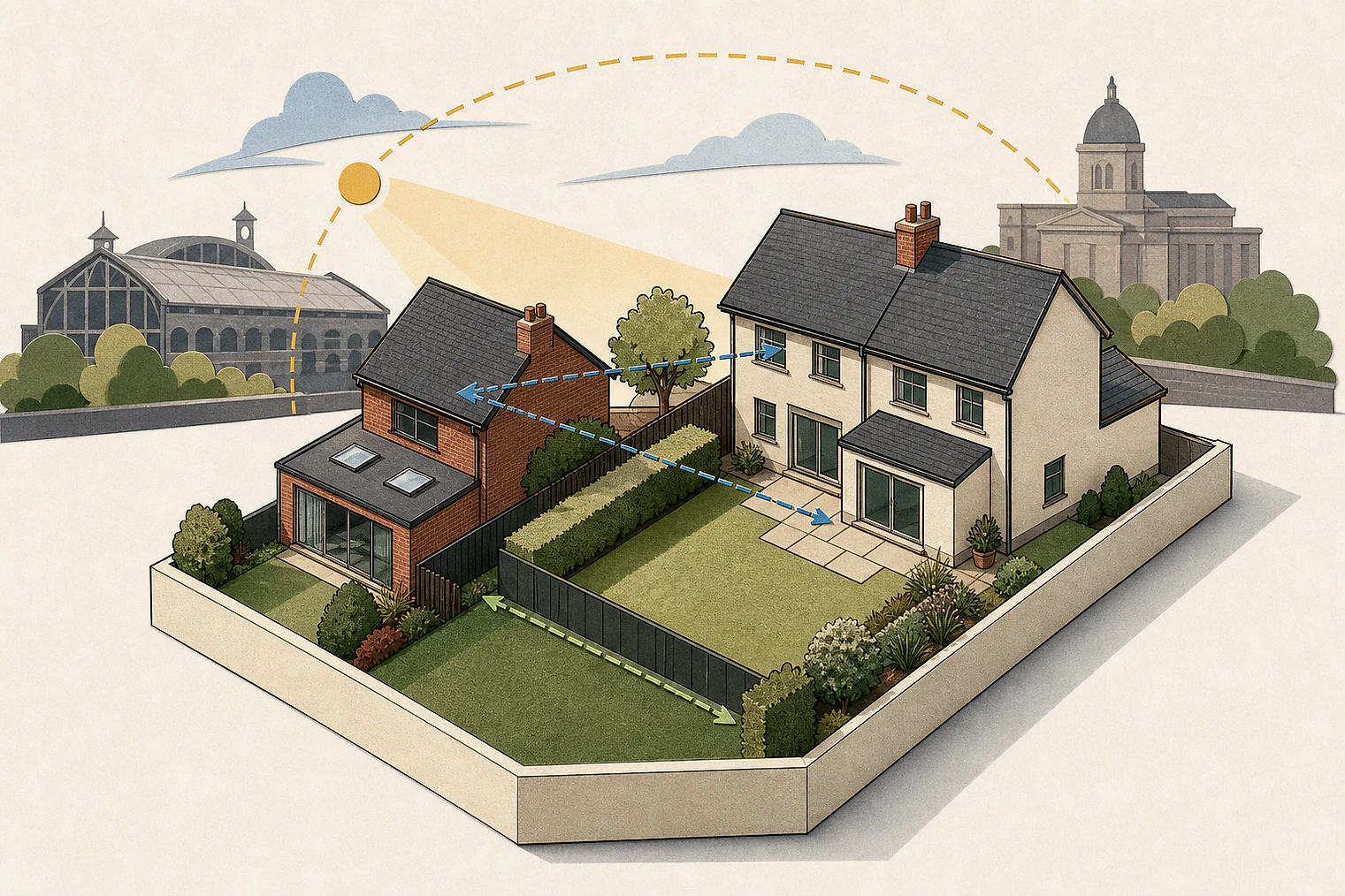 Cut-paper illustration of an imaginary privacy, daylight and neighbour living conditions planning issue in Preston, with simplified local landmarks.