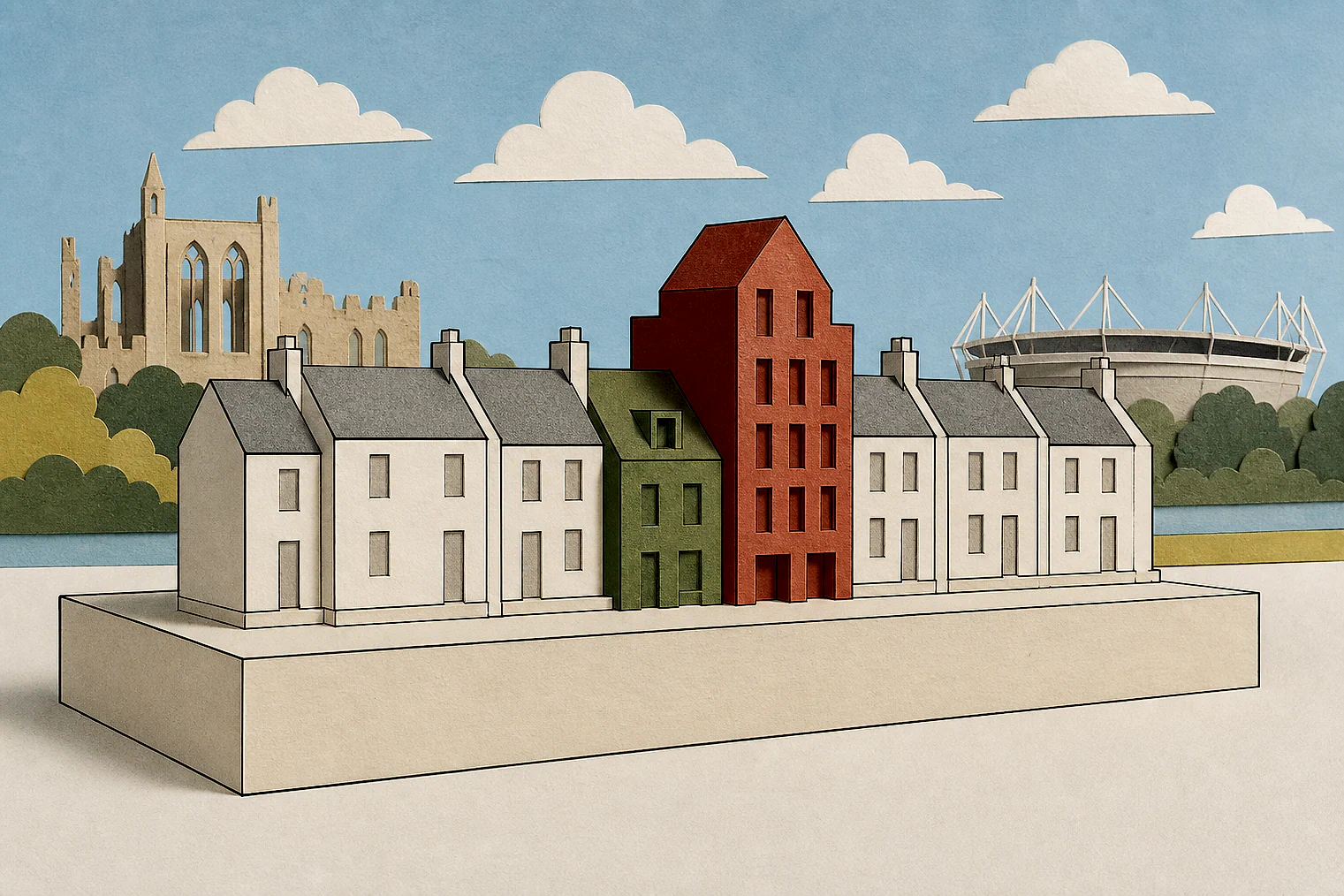 Cut-paper illustration of an imaginary character, scale and appearance planning issue in Reading, with simplified local landmarks.
