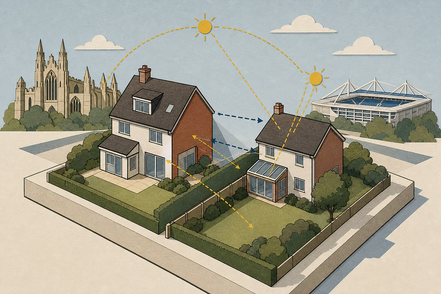 Cut-paper illustration of an imaginary privacy, daylight and neighbour living conditions planning issue in Reading, with simplified local landmarks.