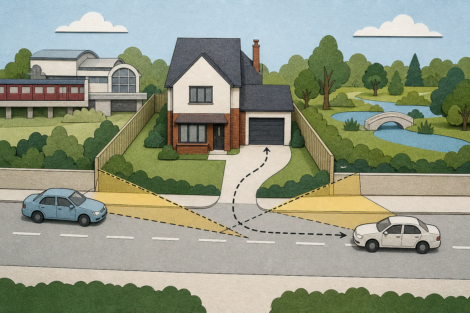 Cut-paper illustration of an imaginary access, visibility and highway safety planning issue in Redbridge, with simplified local landmarks.