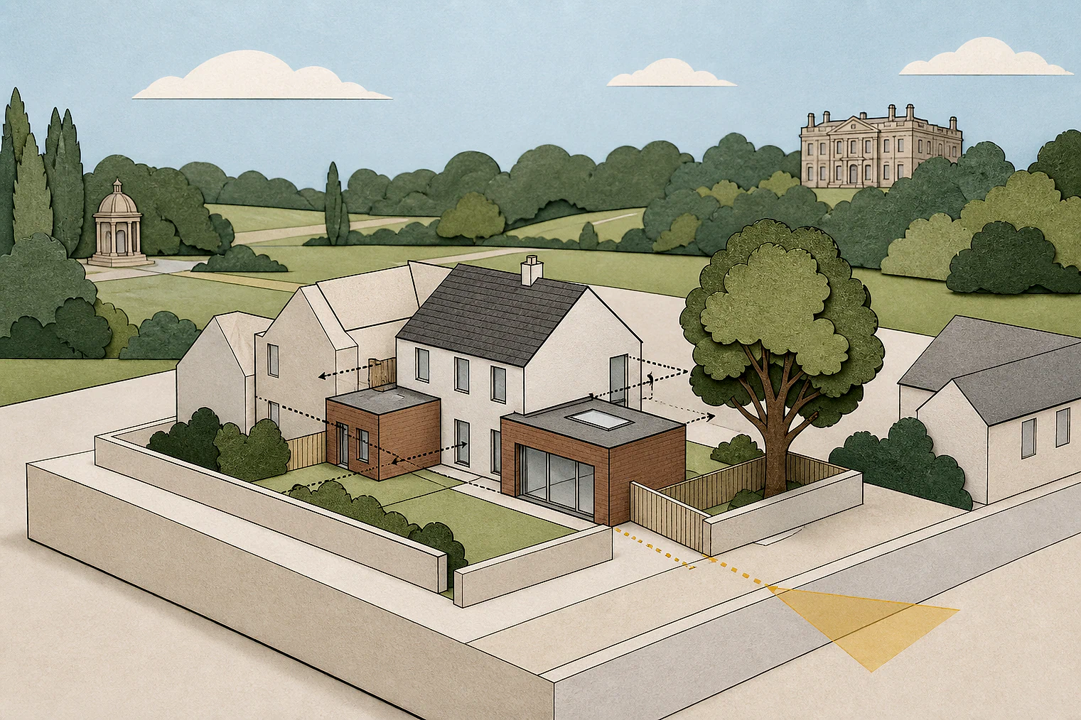Cut-paper planning illustration for Redbridge, showing extensions, neighbours, access and open land near simplified local landmarks.