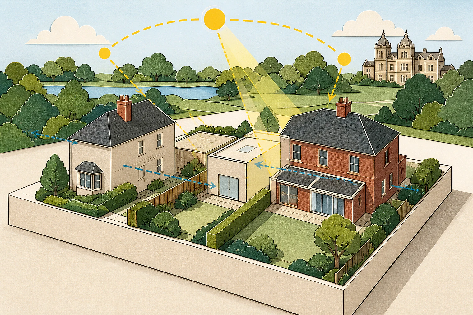 Cut-paper illustration of an imaginary privacy, daylight and neighbour living conditions planning issue in Redbridge, with simplified local landmarks.
