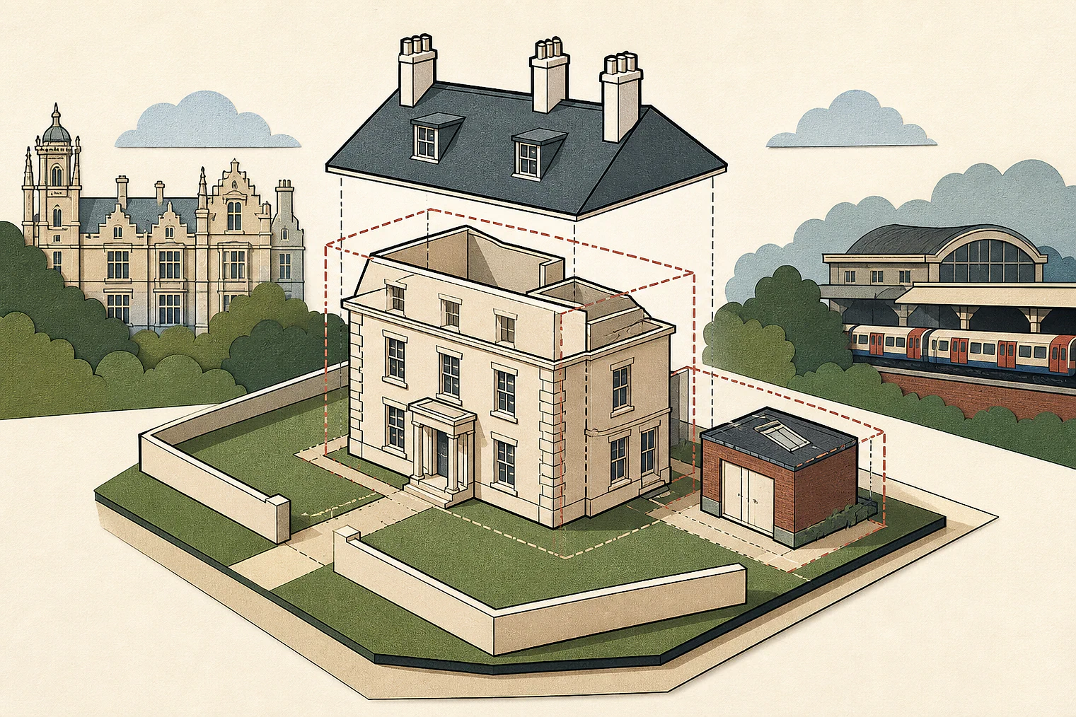 Cut-paper illustration of an imaginary permitted development dimensions and building relationships planning issue in Redbridge, with simplified local landmarks.