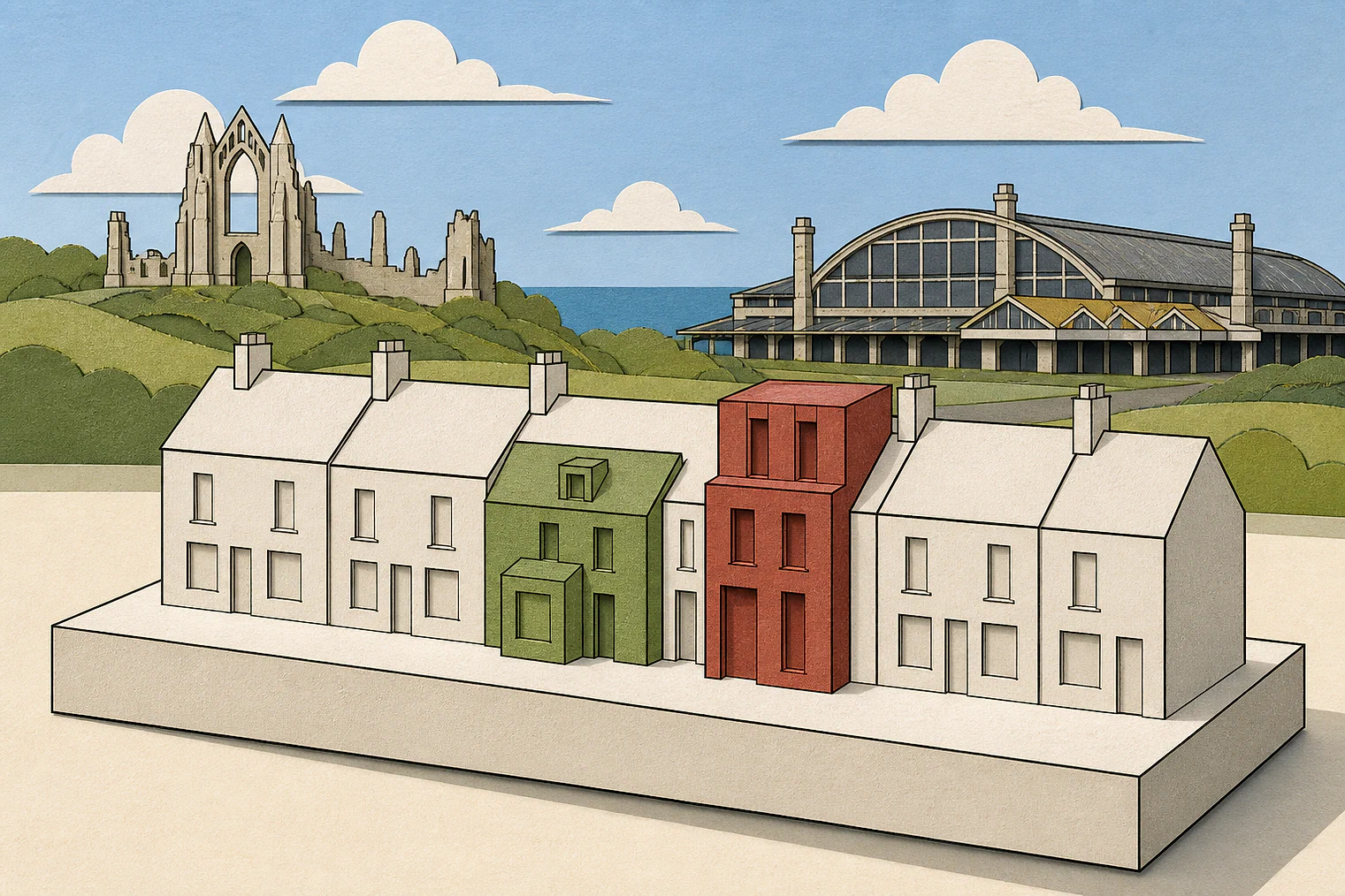 Cut-paper illustration of an imaginary character, scale and appearance planning issue in Redcar and Cleveland, with simplified local landmarks.