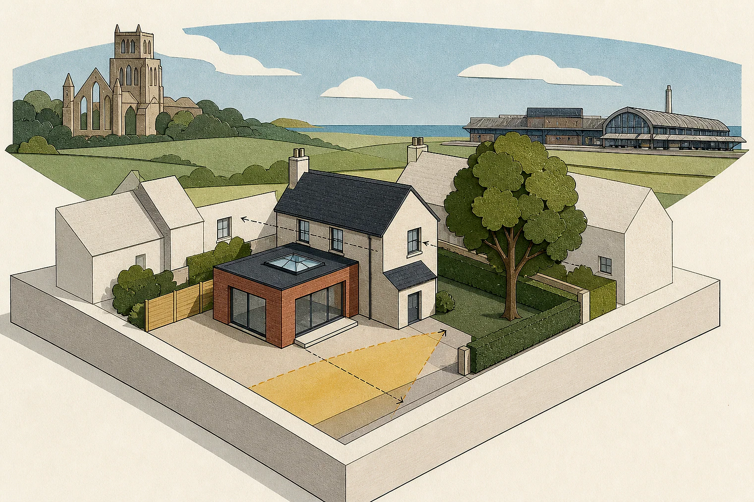 Cut-paper planning illustration for Redcar and Cleveland, showing extensions, neighbours, access and open land near simplified local landmarks.