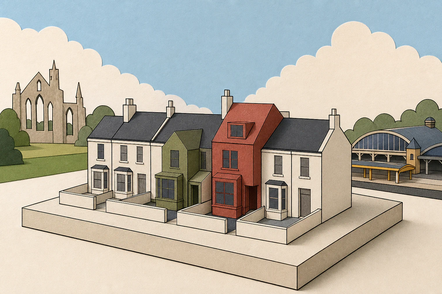 Cut-paper illustration of an imaginary character, scale and appearance planning issue in Redditch, with simplified local landmarks.