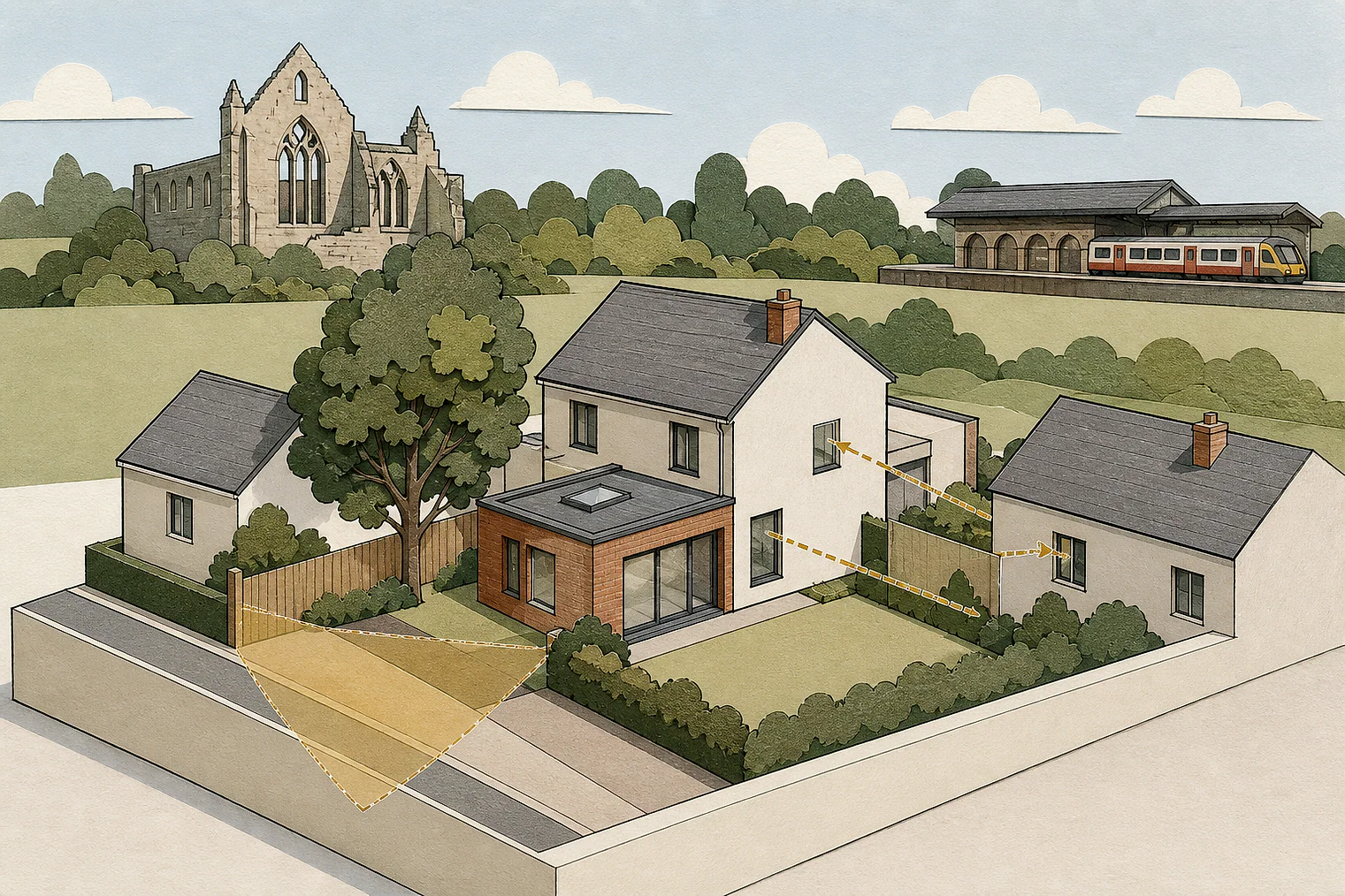 Cut-paper planning illustration for Redditch, showing extensions, neighbours, access and open land near simplified local landmarks.