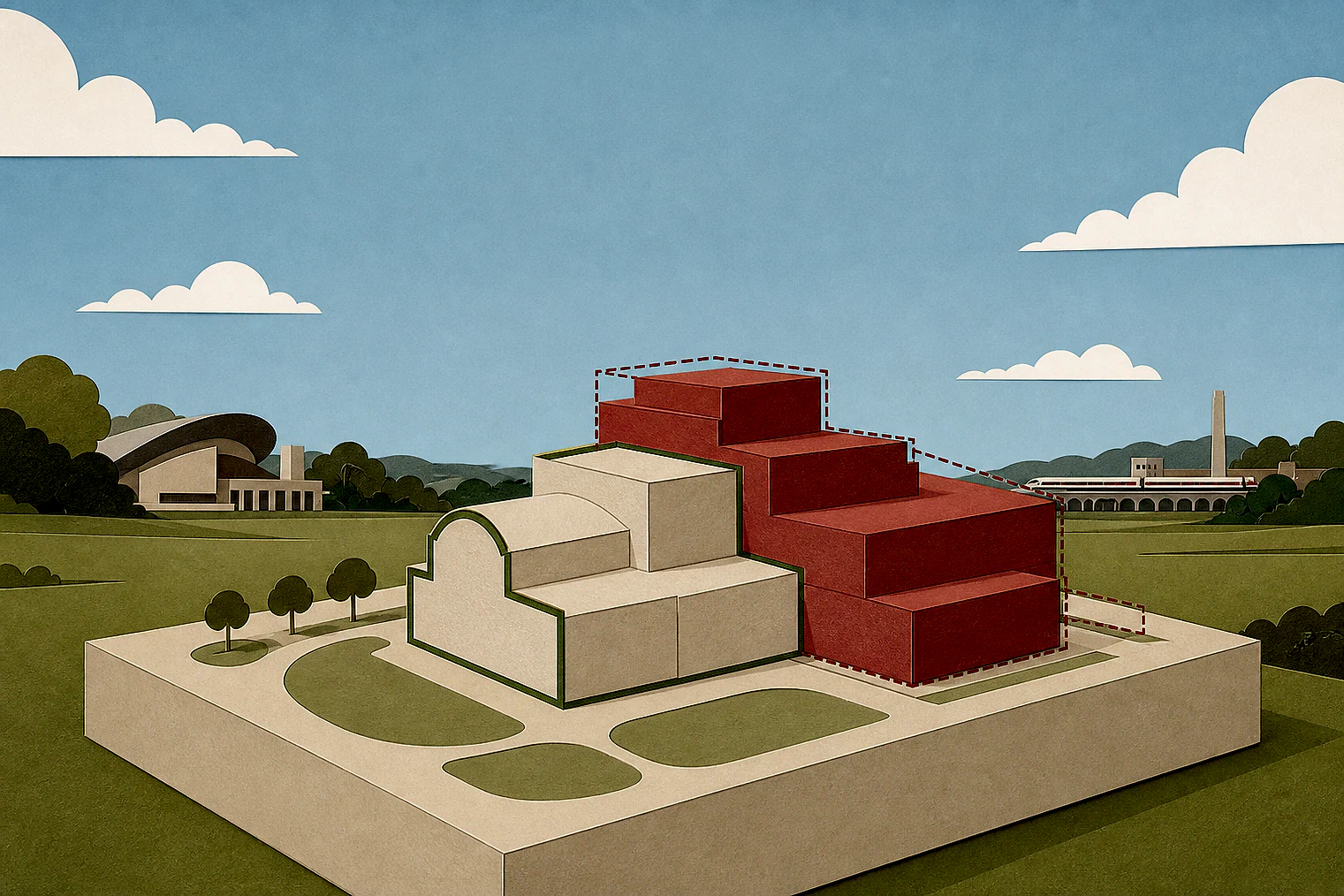Cut-paper illustration of an imaginary building scale and Green Belt openness planning issue in Reigate and Banstead, with simplified local landmarks.
