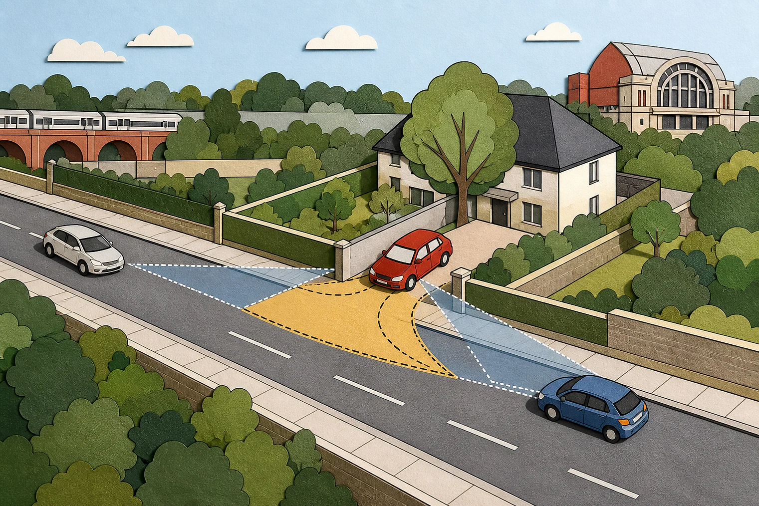 Cut-paper illustration of an imaginary access, visibility and highway safety planning issue in Reigate and Banstead, with simplified local landmarks.