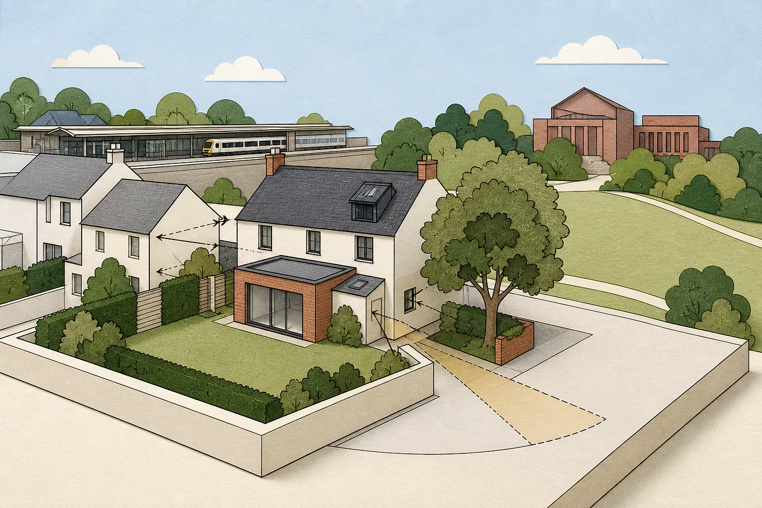 Cut-paper planning illustration for Reigate and Banstead, showing extensions, neighbours, access and open land near simplified local landmarks.