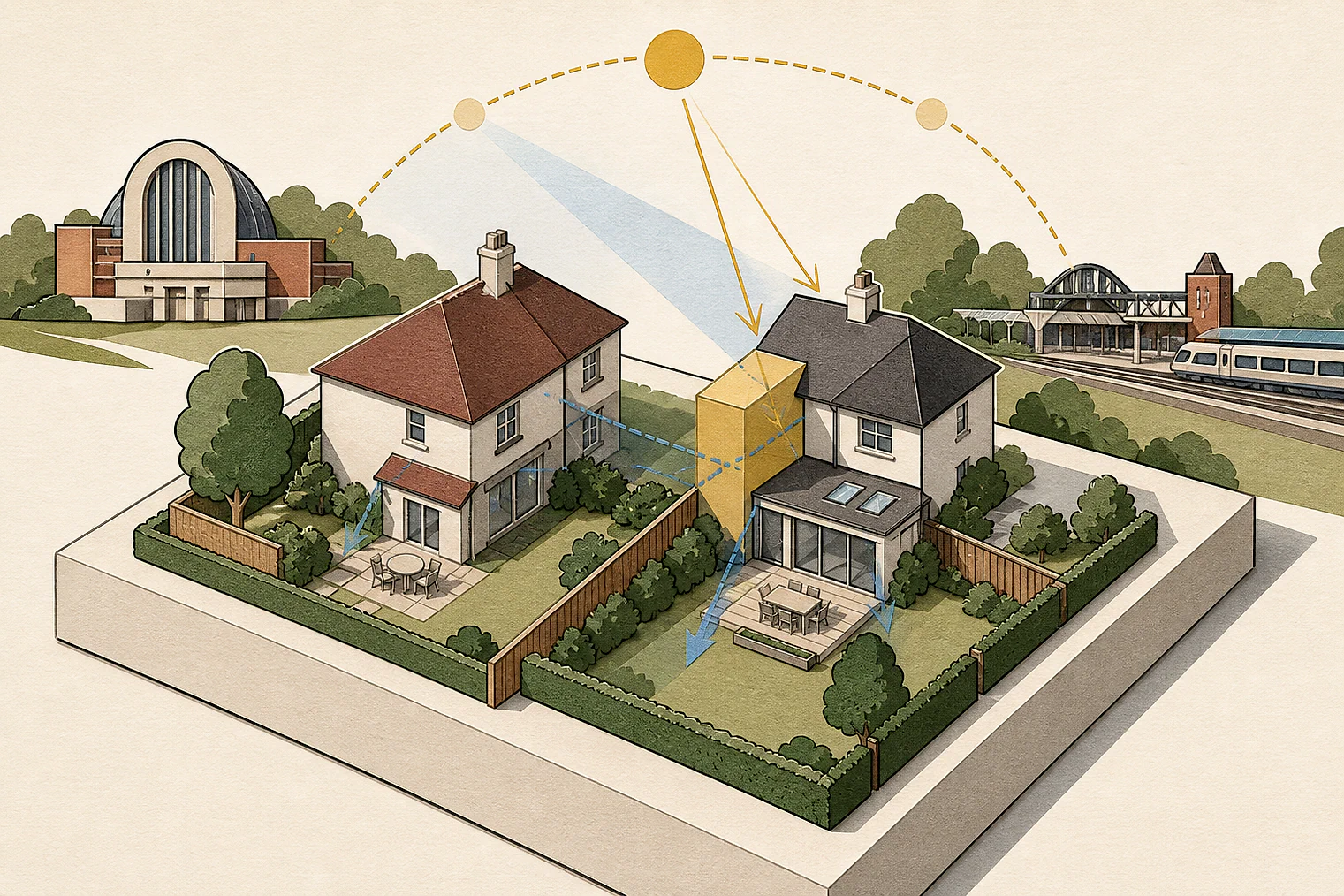 Cut-paper illustration of an imaginary privacy, daylight and neighbour living conditions planning issue in Reigate and Banstead, with simplified local landmarks.